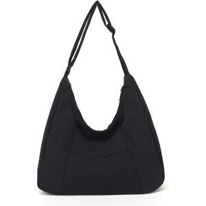 Black Women's Large Nylon Quilted Puffer Tote Bag for Travel and Casual Use